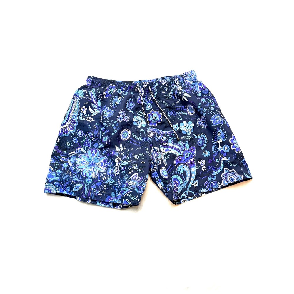 ETRO Mens Medium Italian Blue Purple Paisley Mesh Lined 7" Swim Trunks DD15